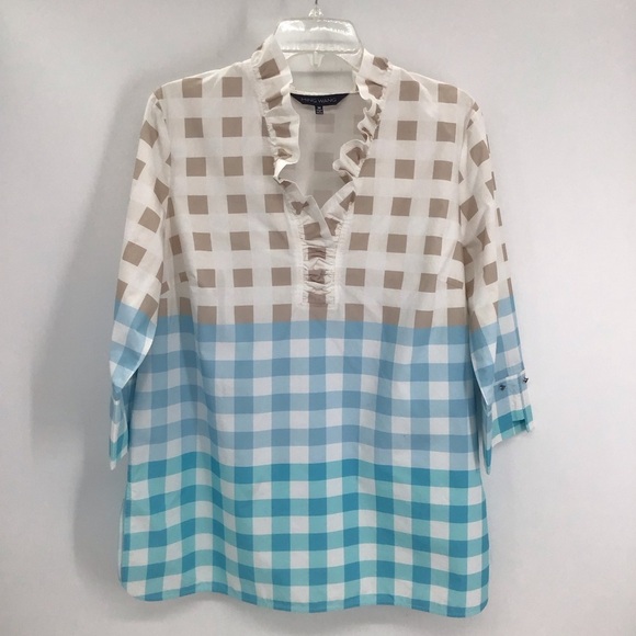 Ming Wang Women’s Ruffled Cotton Gingham Blouse Spring Casual Tan/Blue Size Med - Picture 4 of 11